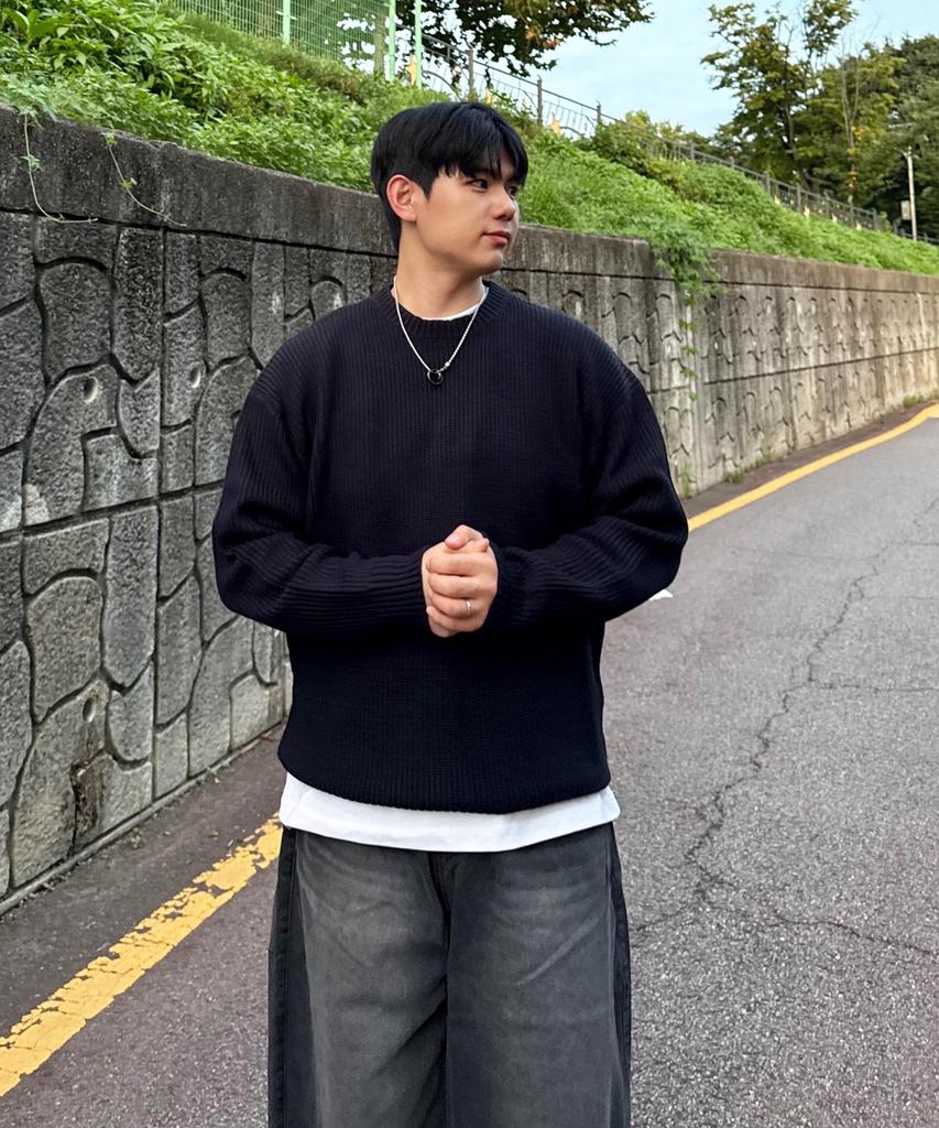 BLOND9 Crew Neck Rib Knit Sweater_Navy