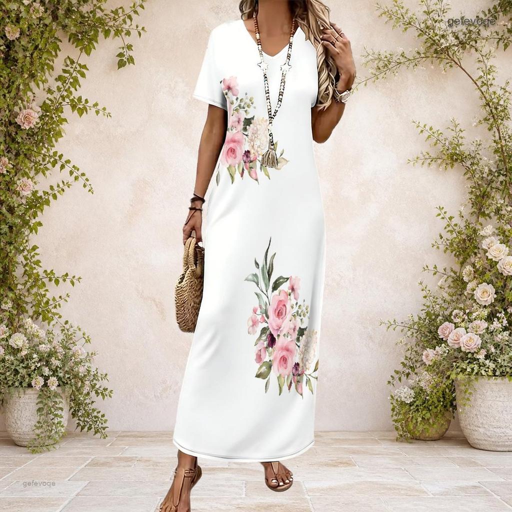 Women Plus Size V Neck Short Sleeve Grid Printed Straight Maxi Dress