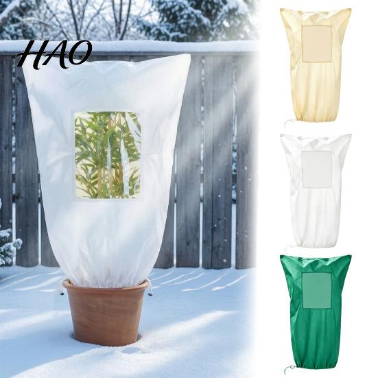 Drawstring Frost Guard for Potted Shrubs Plant Protection Cover with Viewing Window, Extra Thick Non-woven Winter Breathable Fabric Blanket, Wind And
