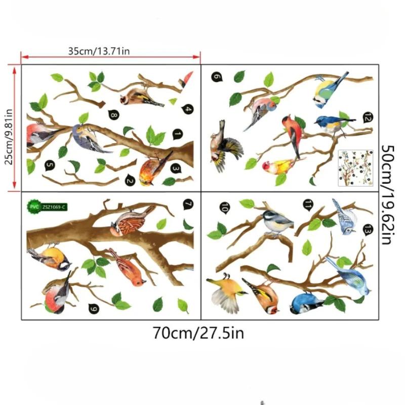 Винтажная наклейка на стену в китайском стиле с птицами, украшение, настенная роспись для дивана в гостиной, искусство, 3D наклейки с веткой дерева и зелеными листьями, аксессуары