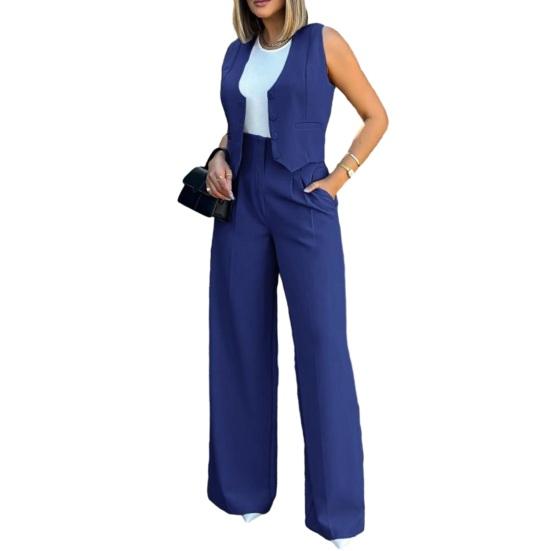 Women Wide Leg Pants with Sleeveless Vest Solid Color High Waist Elegant Lady Baggy Pants Set Casual Streetwear
