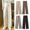 Women Long Pants Elastic High Waist Wide-Leg Knitted Pants with Pockets Solid Color Autumn Winter Warm Trousers