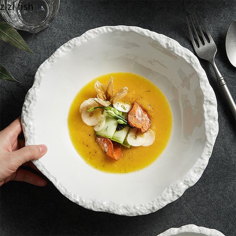 Креативная керамическая миска для лапши рамен неправильной формы, тарелки для фруктового салата, ресторанная однотонная посуда, суповая миска, десертная тарелка