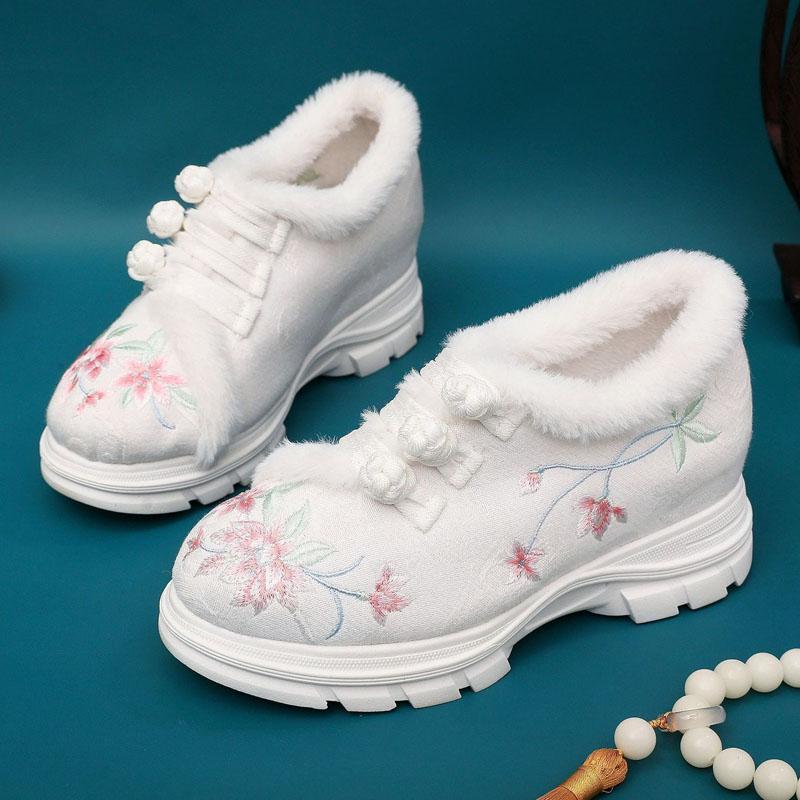 Зимние сапоги женские роскошные вышитые хлопковые туфли женские пушистые плюшевые теплые зимние сапоги модные ботильоны на платформе с скрытым каблуком