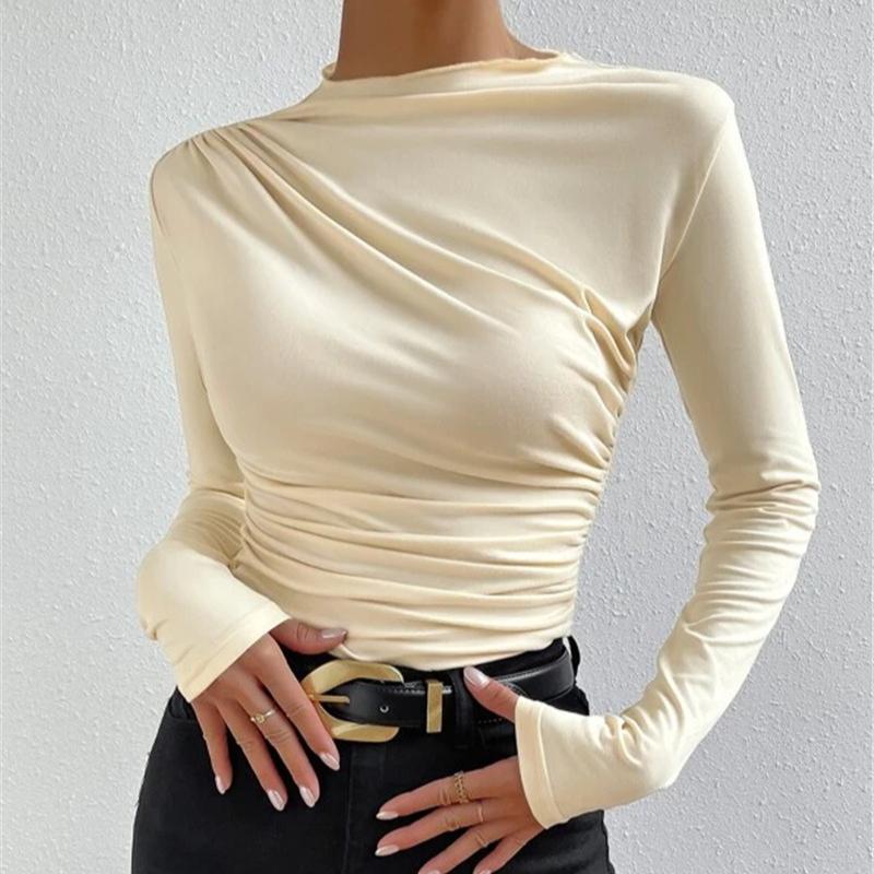 Футболка базового слоя с полувысоким воротником в европейско-американском стиле, однотонная, приталенного кроя, универсальный дизайн со сборками, футболка с длинным рукавом, женский топ