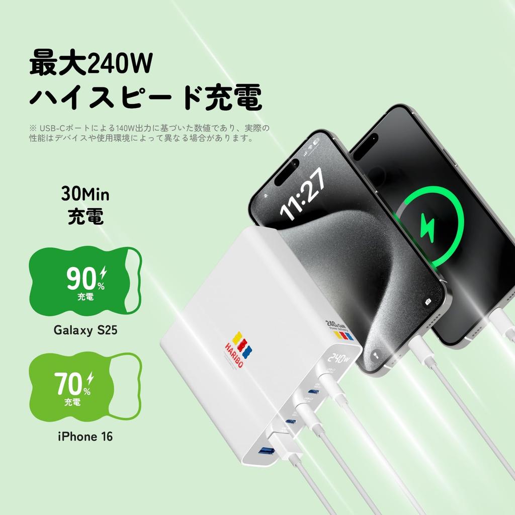 Haribo 240 Вт GaN Зарядная станция 6 портов x 2 x PD QC для консолей, (4 USB-C / USB-A), 3,1 (140W) & Совместимость с 5.0,