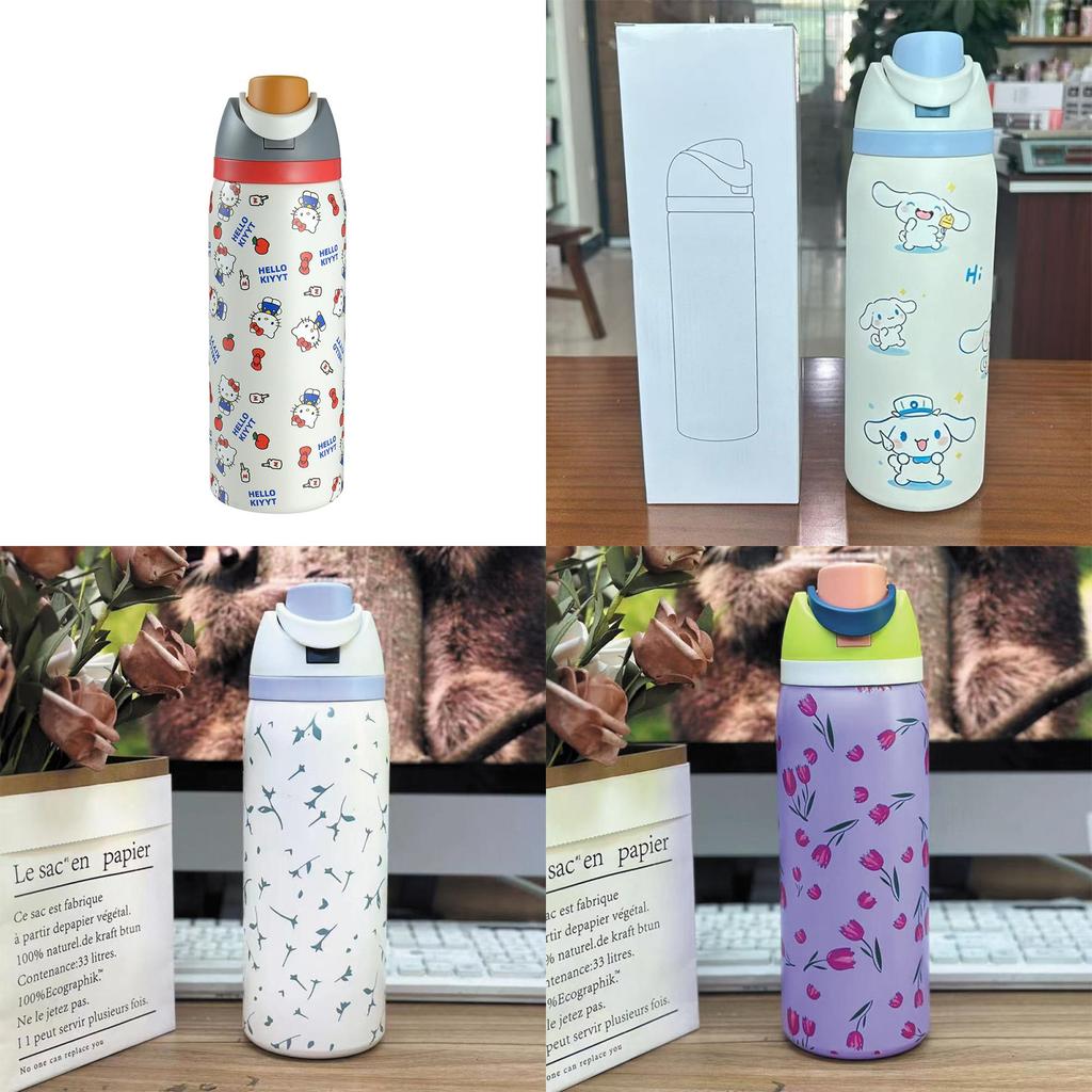Hello Kitty Kuromi Butterfly Knot Floral Print Stainless Steel Insulated Cup With Lock Clip For Outdoor Activities