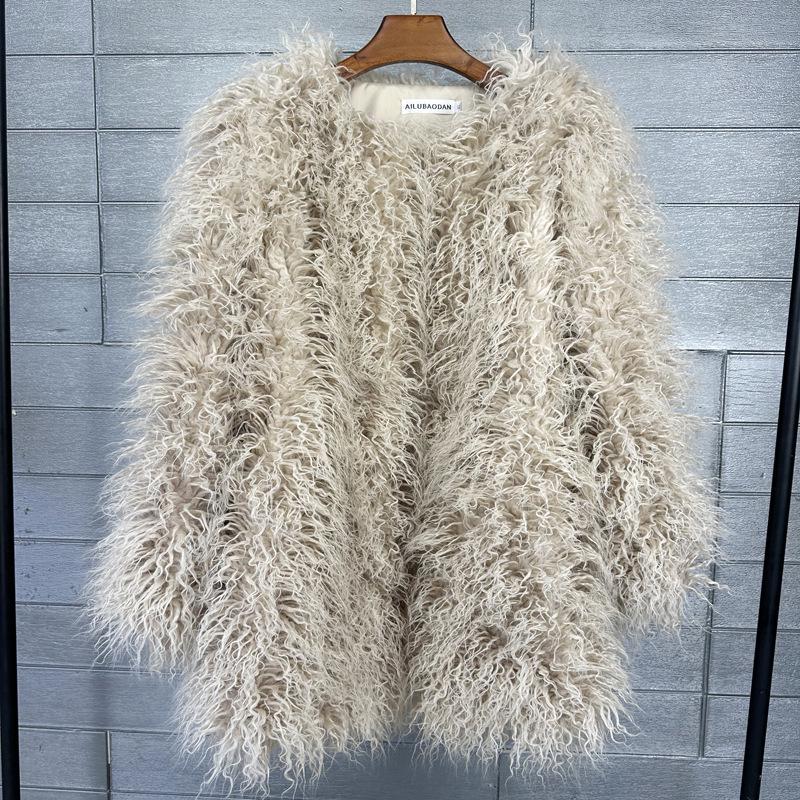 Женское пальто средней длины из искусственной овечьей шерсти в корейском стиле, бежевое