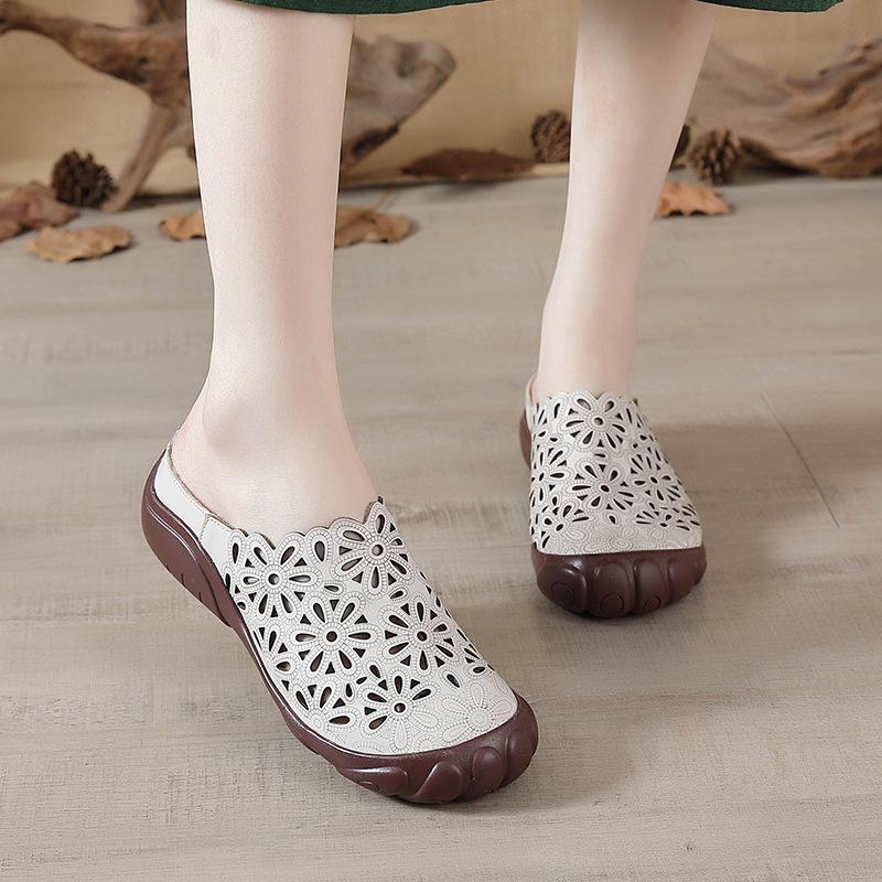 Summer New First-layer Cowhide Flat-bottom Beef Tendon Sole Women's Shoes Casual Leather Hollowed-out Breathable Slippers Hole Shoes