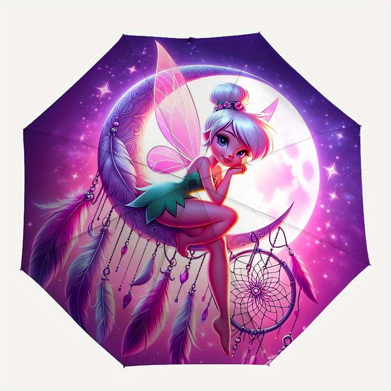 Disney Tinker Bell Moon Automatic Open/Close Umbrella - Cute Umbrella with Cute Design, Portable 3-Fold Compact Umbrella for Men & Women, Va