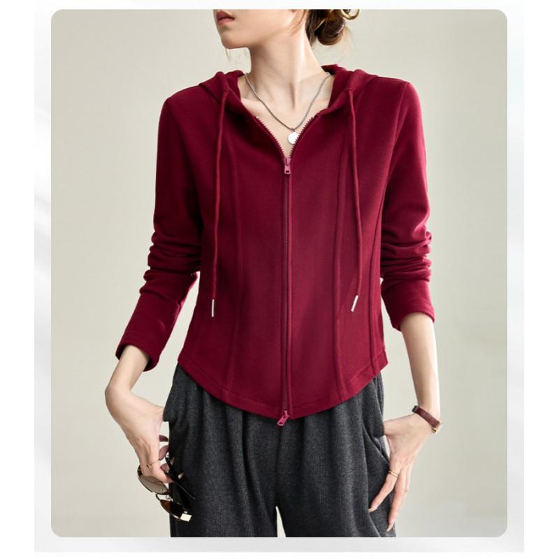 Womens Hooded Zip-Up Sweatshirt Loose Fit Casual Long Sleeve Top In Solid Colors