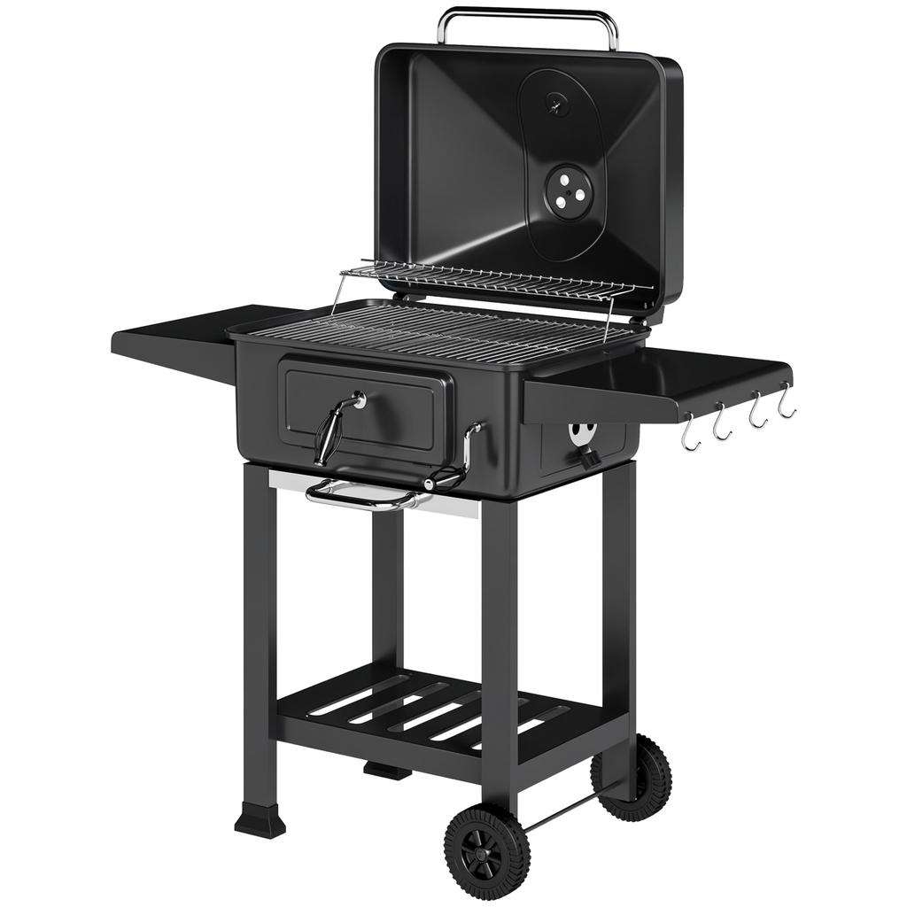 Charcoal Grill BBQ Smoker with Lid Thermometer Height-Adjustable Charcoal Pan Grill Grate Side Table Ash Tray