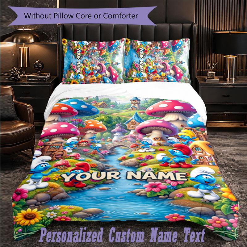 Personalized 3Pcs Bedding SetSmurfs Custom Text Duvet Cover Pillowcase Set Bedroom Gift