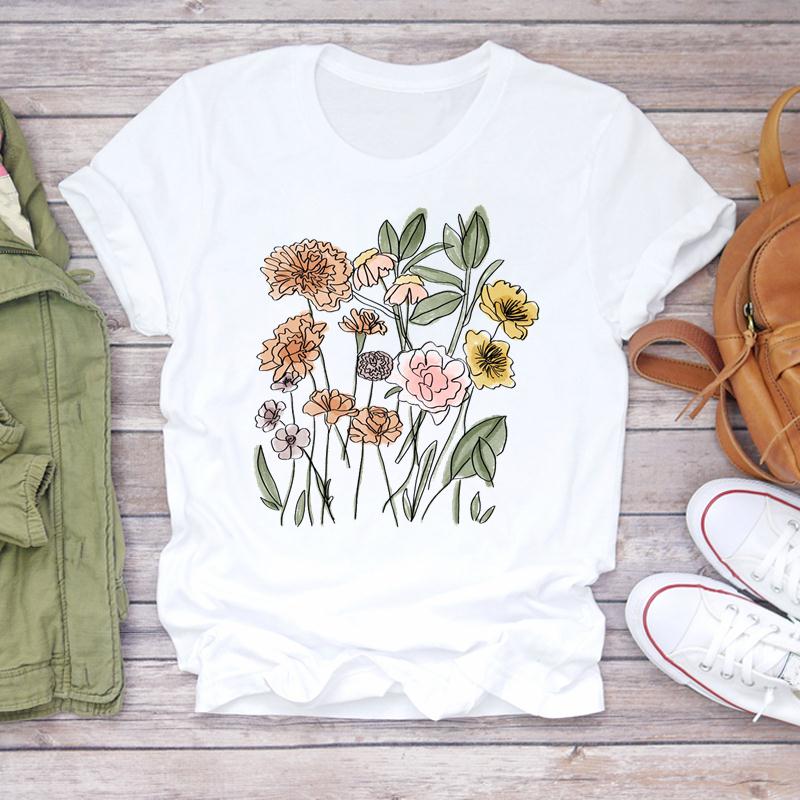 Clothing Fashion Printing 90s Flower Lovely Trend 90s Women Short Sleeve Summer Print Tee Top Tshirt Lady Female Casual Graphic T-shirt