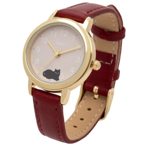 Fieldwork Women's Analog Watch with Leather Strap, Animal Watch, Soft and Round Cat Design, Red, JN035-5