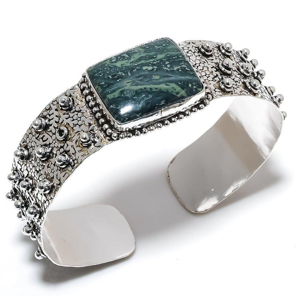 Kambaba Jasper Gemstone Handmade 925 Sterling Silver Cuff Bangle Adjustable A6F69