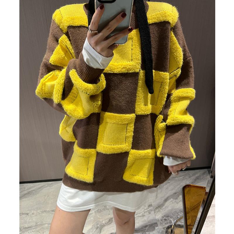Клетчатый осенний новый вязаный свитер для женщин Harajuku теплый корейский модный пуловер свободный ленивый Oaf женский верхняя одежда джемпер