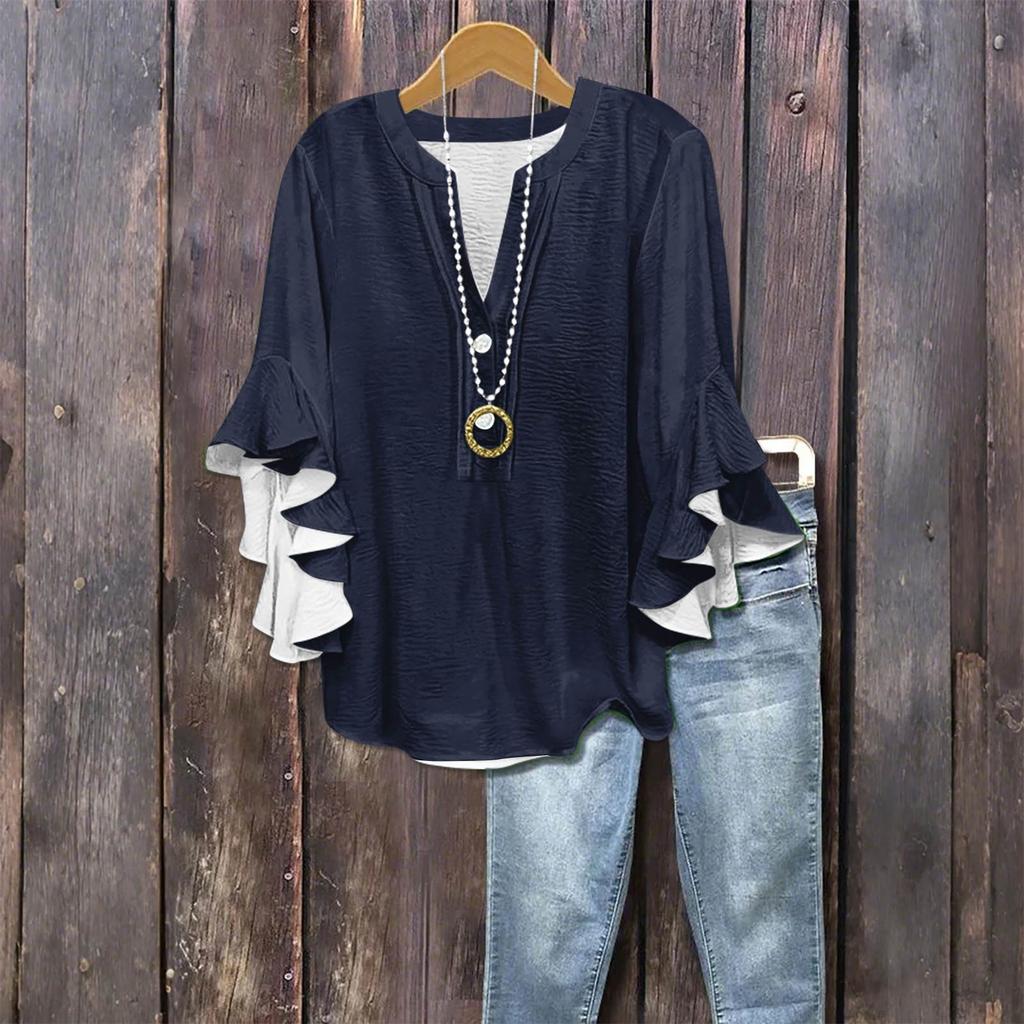Women's Fashion Casual Button V-Neck Seven Sleeve Vintage Solid Color Shirt Top