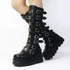 Gothic Platform Knee High Boots Punk Black Sexy Motorcycle Shoes Halloween Cosplay Women Shoes De Mujer