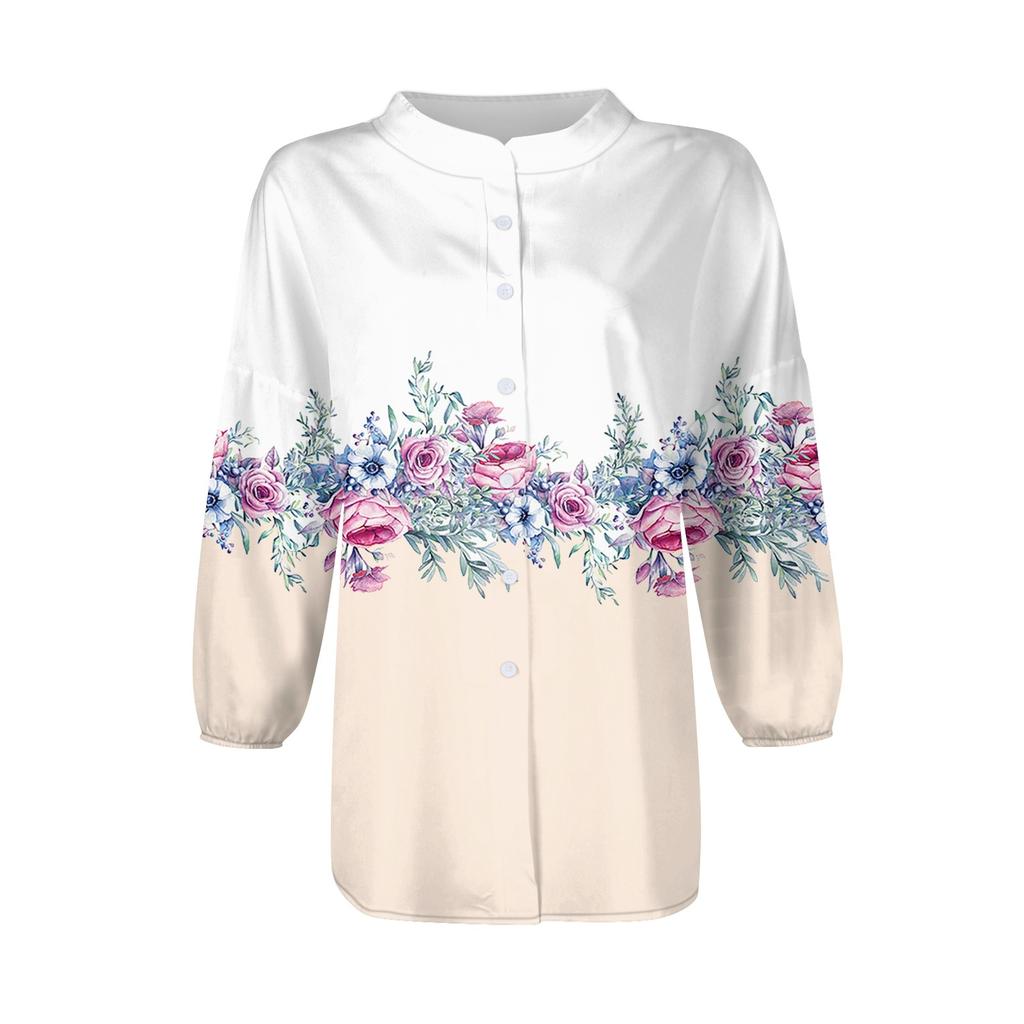 Женская рубашка, блузка с принтом на пуговицах, повседневный винтажный модный топ с круглым вырезом и рукавами 3/4