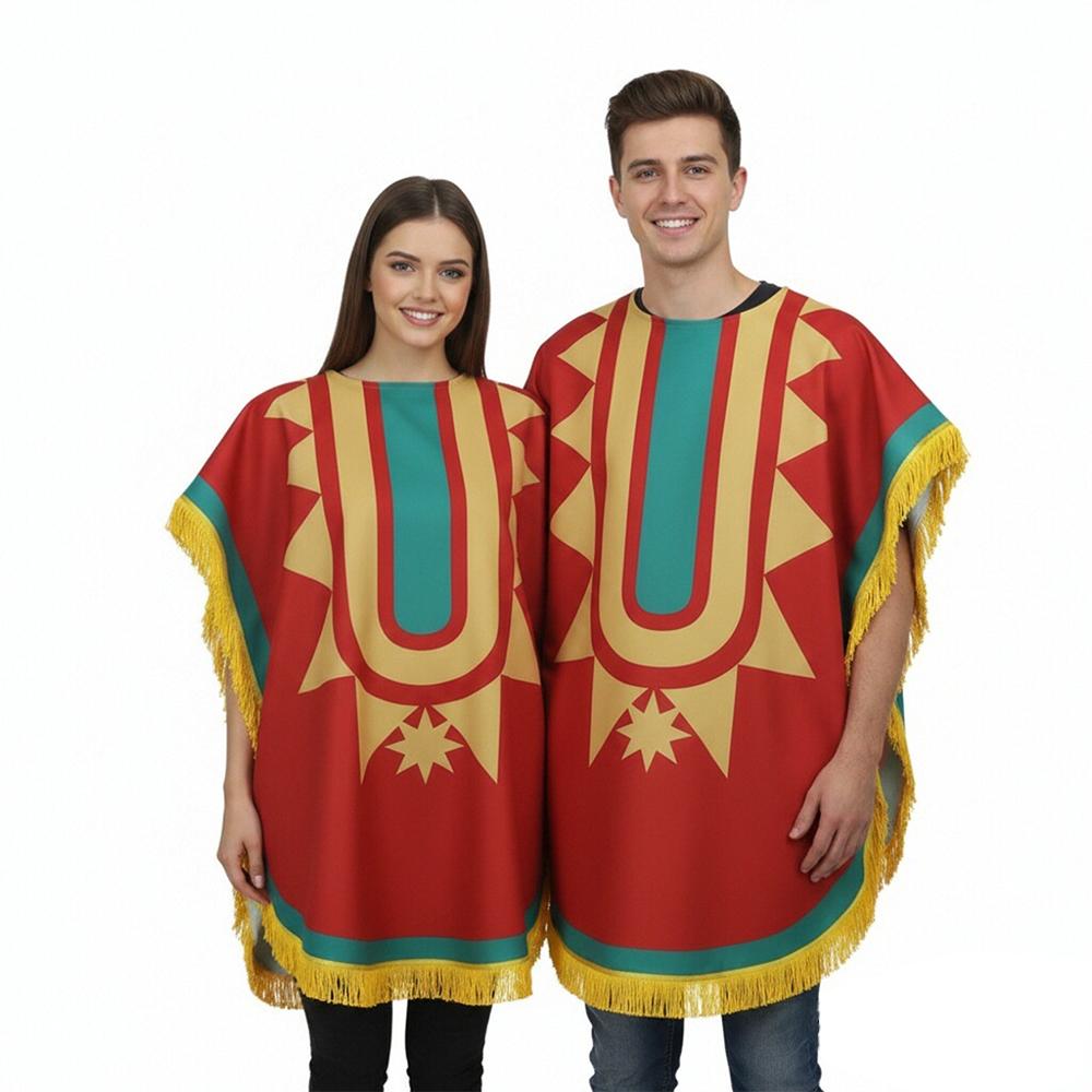 Skull-themed Costume With Fringe Capes Unisex Ethnic Tribal Print Poncho Yellow Fringe Red Geometric Cloak For Halloween Cosplay