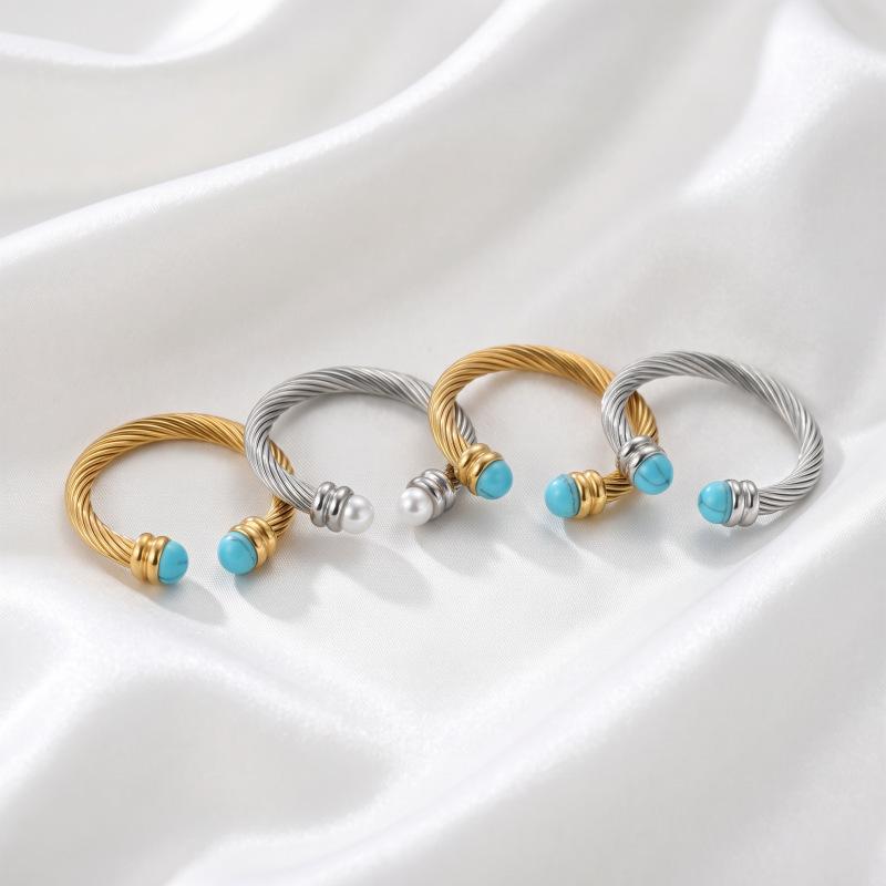 Vintage jewelry 18k gold stainless steel open bracelet inlaid with tiger turquoise titanium steel ring non-fading jewelry