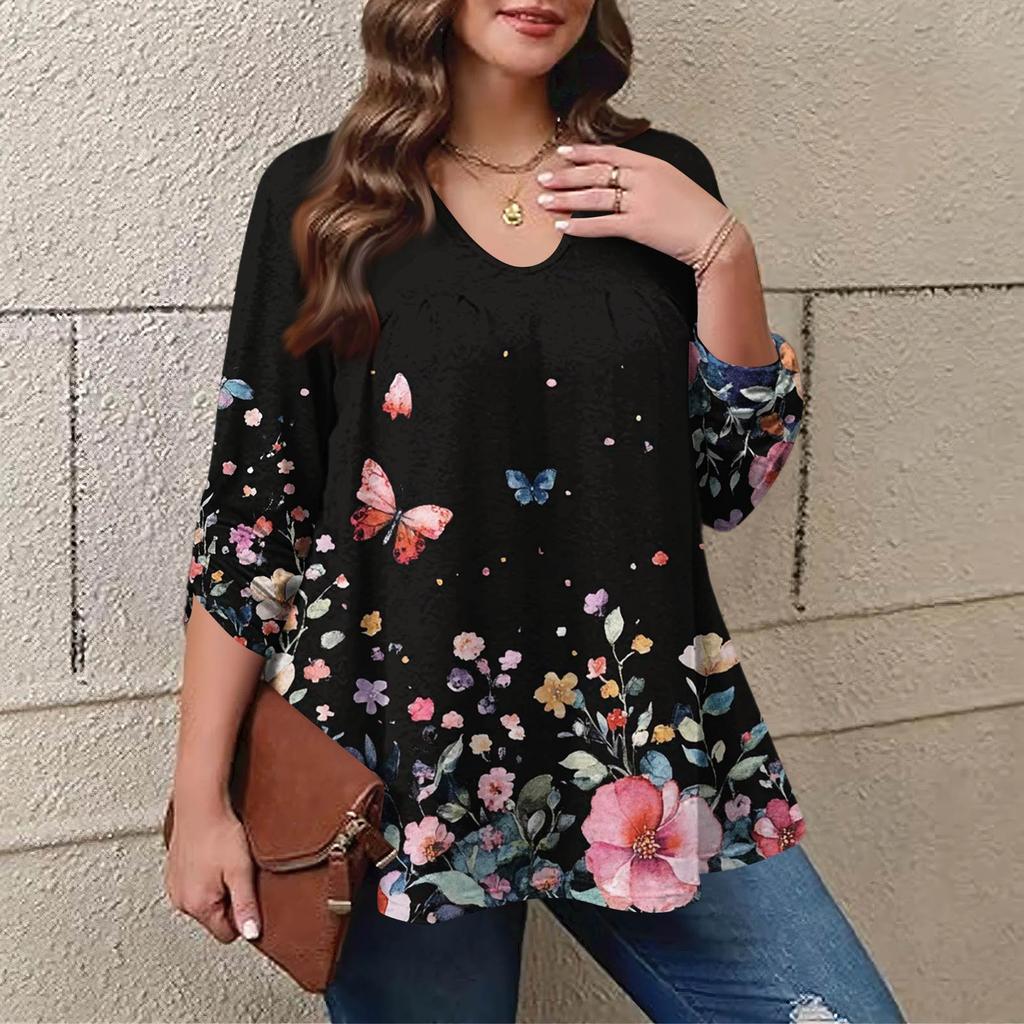 Women's Plus Size Fashion Printed Casual Pleated Round Neck Long Sleeve Top