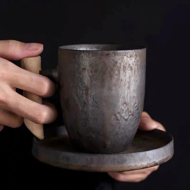 Japanese Style Ceramic Office Tea MugsWater Cup Retro Coffee Milk with Wooden Handle Drinkware Ceramic Tea Cup and Saucer