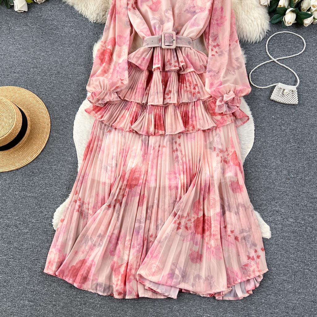 Новое осеннее элегантное женское платье с круглым вырезом и принтом в стиле пэчворк, складками и оборками, с длинными рукавами и высокой талией