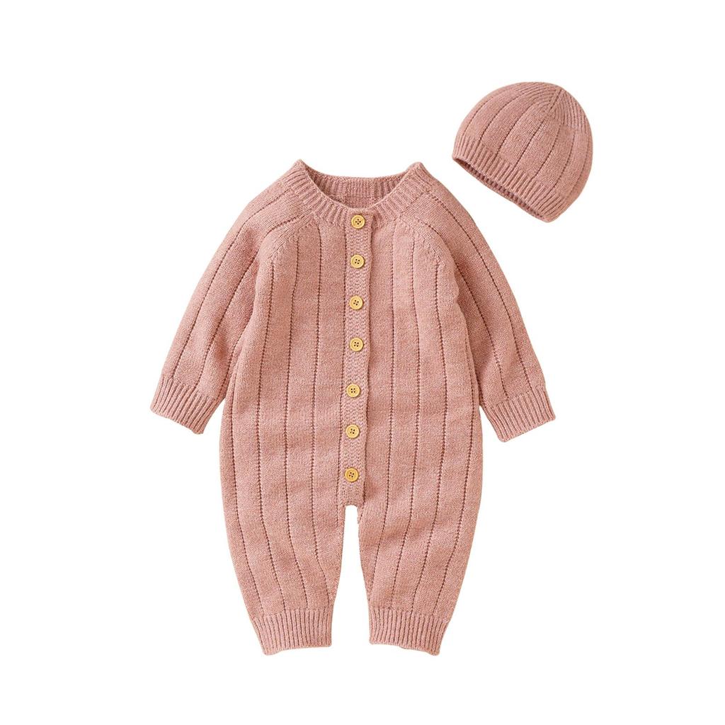 Infant Winter Jumpsuit and Cap, Solid Color Long Sleeve Single-breasted Knitted Romper, 0-18 Months