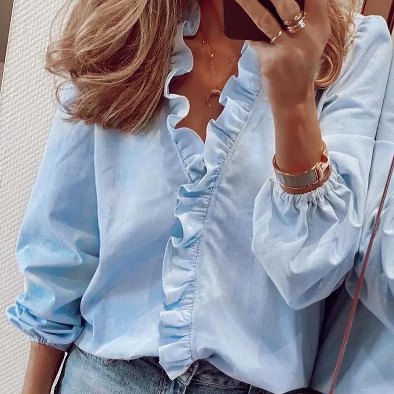 Весна и лето Новая женская рубашка с длинными рукавами и оборками