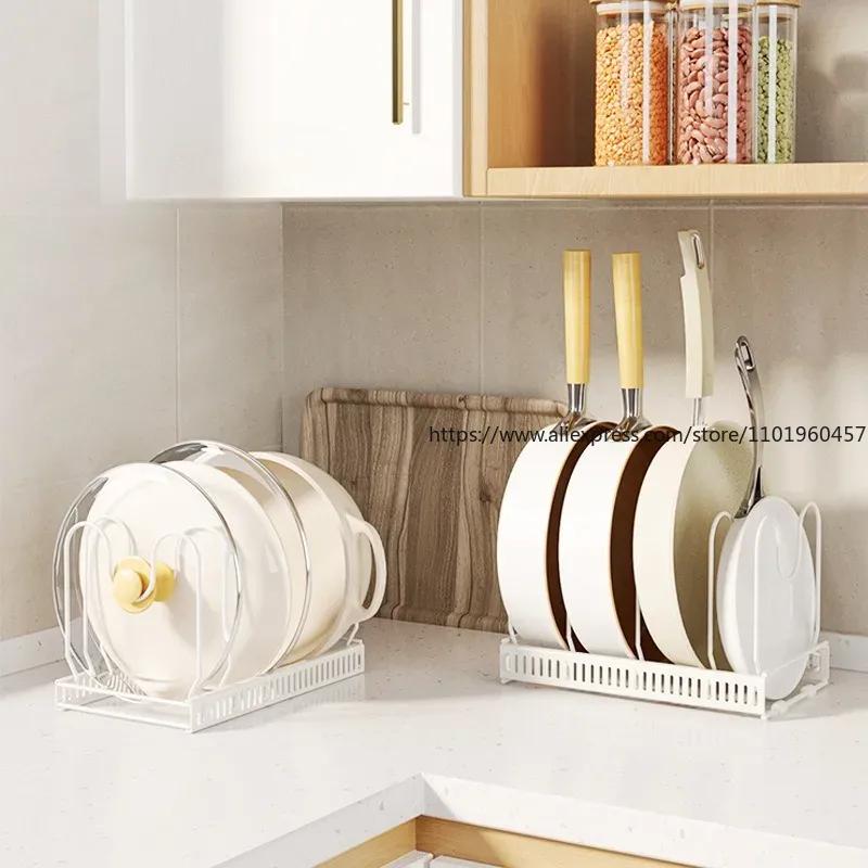 Cookware Storage Rack Pan Pot Storage Organizer Kitchen Accessories Adjustable Dish Bowl Drying Shelf Multi-Functional
