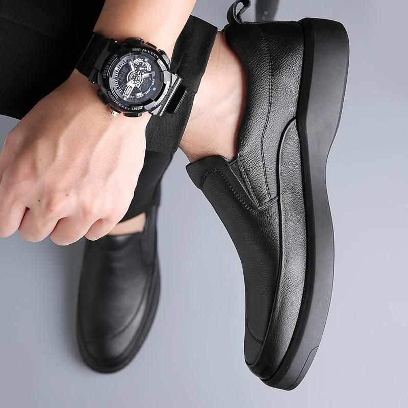 Fashion Genuine Leather Shoes Men Slip On Fashion Loafers Soft Cowhide Men Casual Shoes Brand Male Footwear Black Brown Thick Sole Shoes