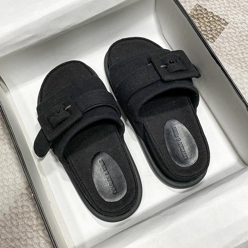 Маленькие ароматные тапочки в стиле «маленький аромат» для улицы 2024 лето новинка сказочный стиль квадратная пуговица толстая подошва одна линия крутые тапочки