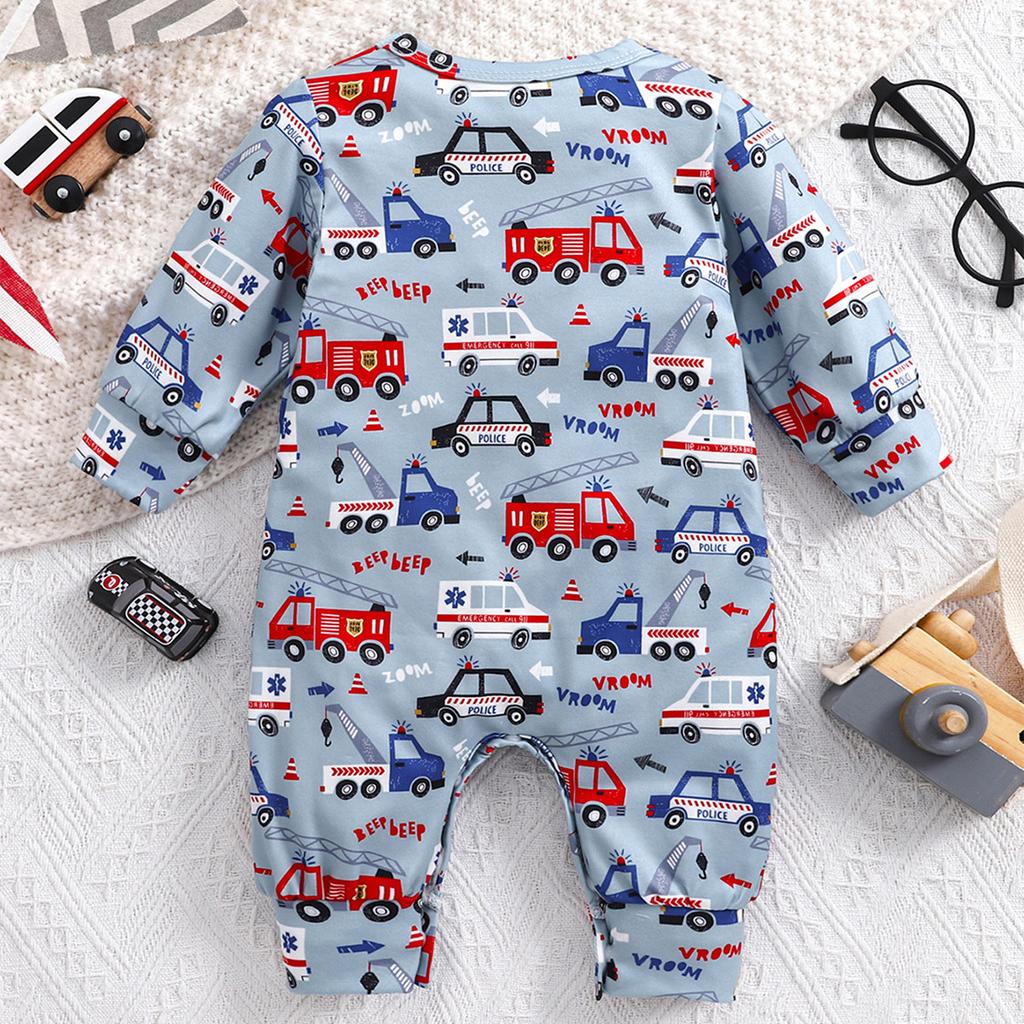 Newborn Baby Boy Cartoon Vehicle Print Long Sleeve Romper