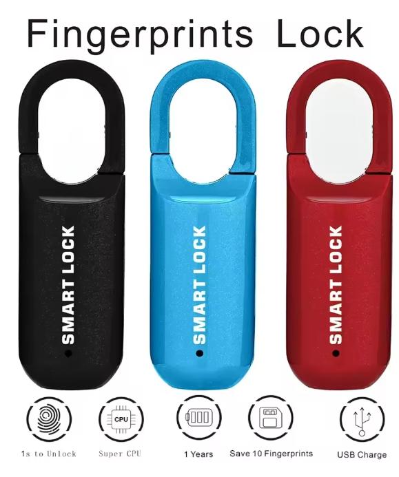 Keyless Portable Zinc Alloy Fingerprint Padlock with 10 Fingerprints Storage Smart Padlock IPX2 Waterproof
