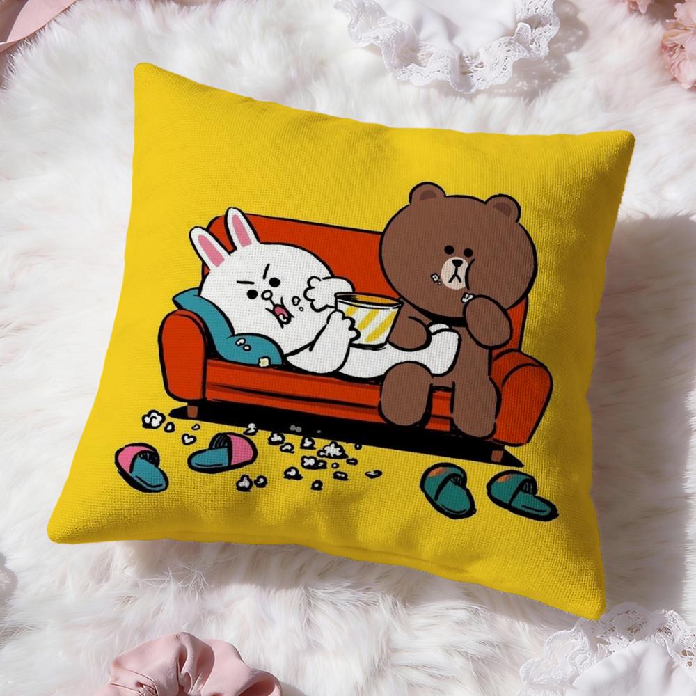 Подушка с персонажами Line Friends (Медвежонок Браун и Кролик Кони) - Премиум-комфорт, двусторонняя наволочка - Дизайн «Два в одном» для любой комнаты и салона автомобиля