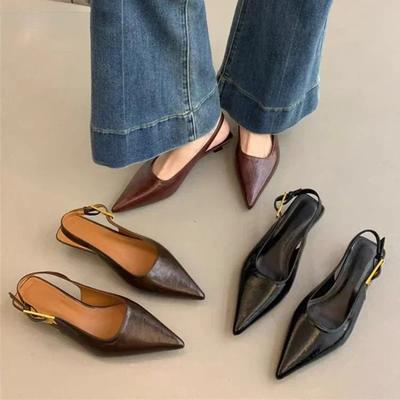 2025 черные летние новые женские сандалии модные с острым носком неглубокие элегантные туфли с открытой пяткой на тонком среднем каблуке платье мюли