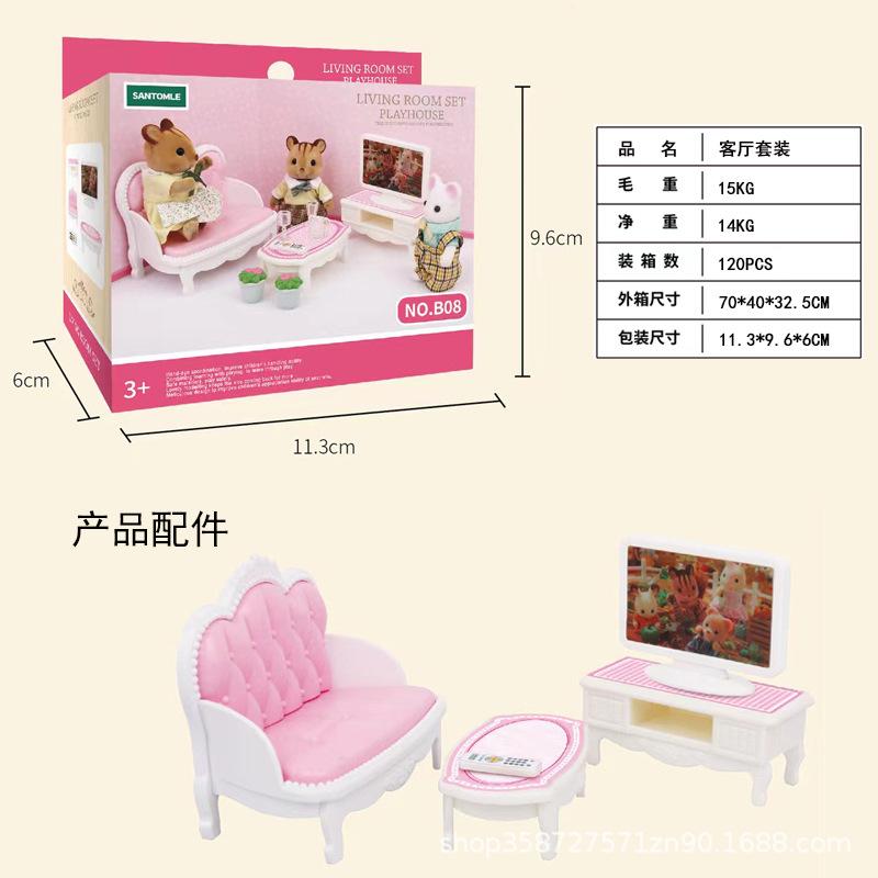 Forest Villa Set Toys Forest Animals Family Mini Furniture Model Living Room Bedroom Tv Refrigerator Ornament