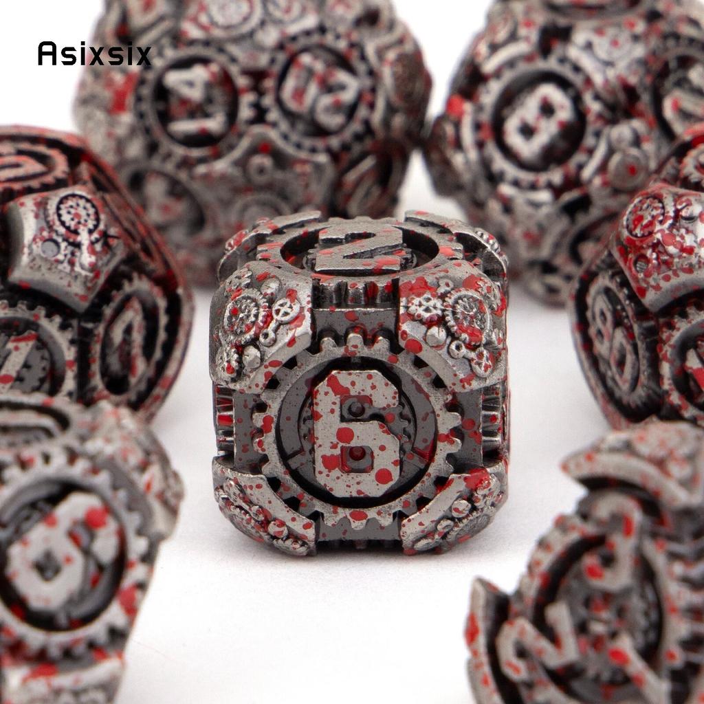 7 Pcs Silver Red Gear Wheel Metal Dice Solid Metal Polyhedral Dice Set Suitable for Role-Playing RPG Board Game Card Game