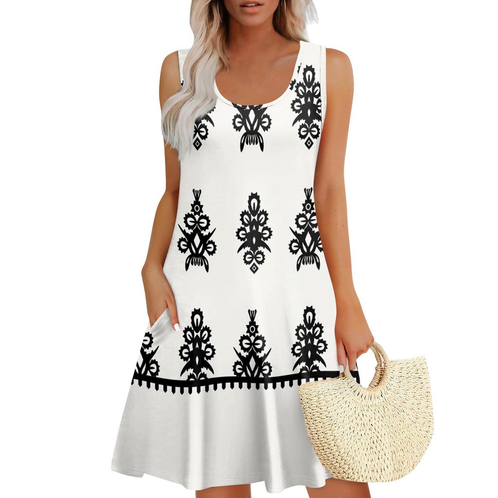 Women's Summer Casual U-shaped Tie Pocket Popular Floral Print Dress