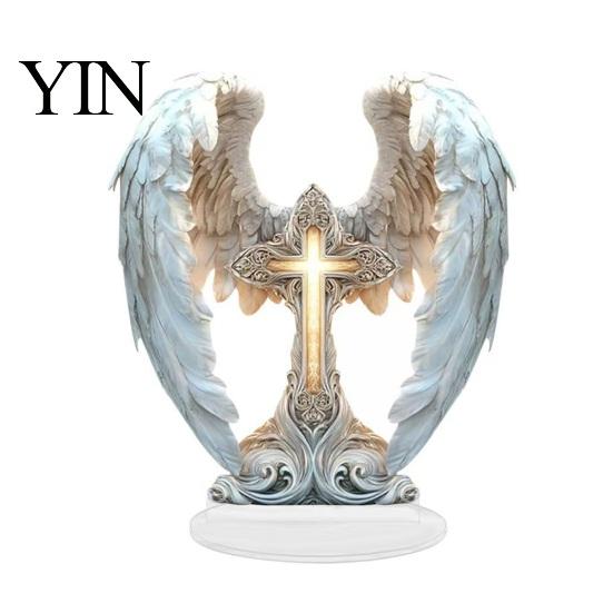 Religious Acrylic Table Stand Angel Wings Cross Sign, Wing Statue, Large Centerpiece for Christmas Tabletop Ornaments Home Living Room Bedroom Office