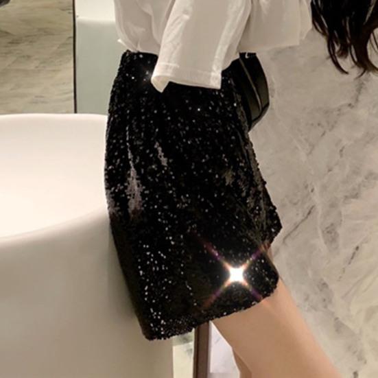 Sexy Women Shiny Sequin Shorts High Waist O-Ring Zipper Bodycon Shorts Party Club Festival Dance Shorts