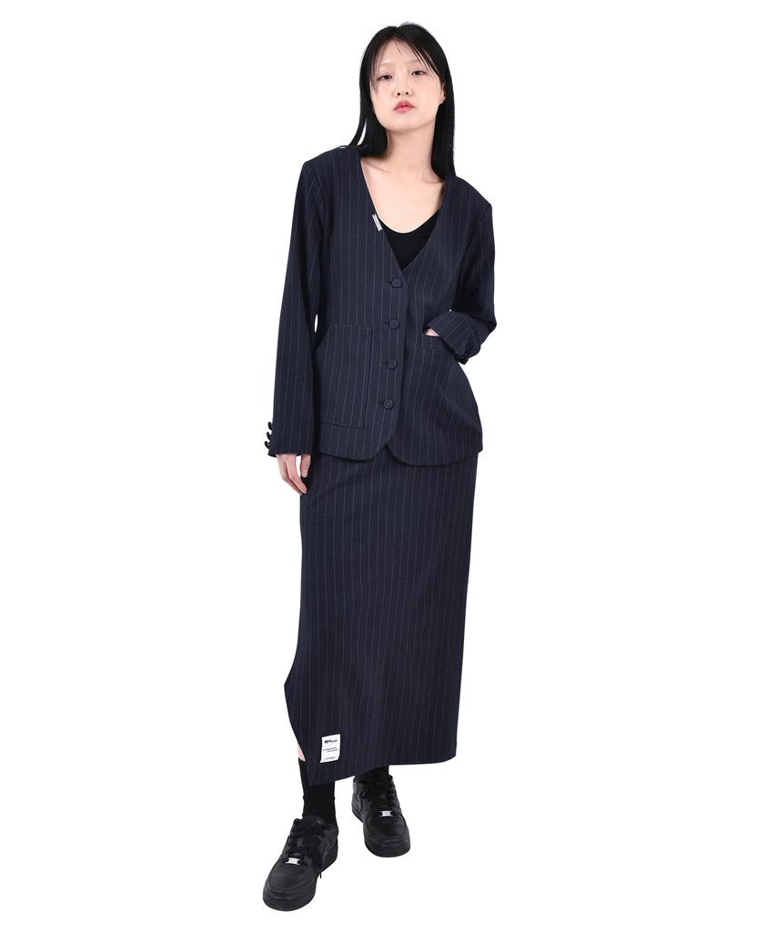 Katharsis Collarless Dress Jacket Navy Pinstripe Free