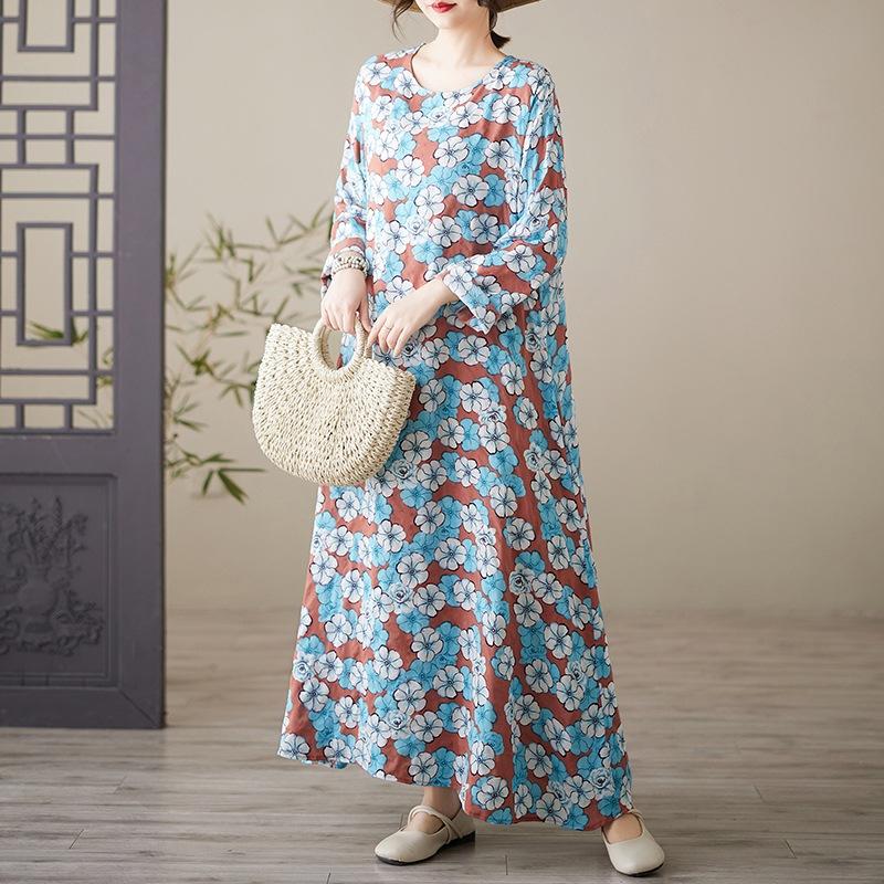 Весеннее литературное платье больших размеров с принтом, круглым вырезом и длинными рукавами для женщин