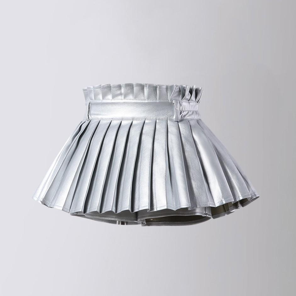 Летняя короткая юбка для девочек 2026 Осень Высокая талия Плиссированная юбка для детей Модная повседневная Школьная Подростковая Детская Юбка из ПУ кожи