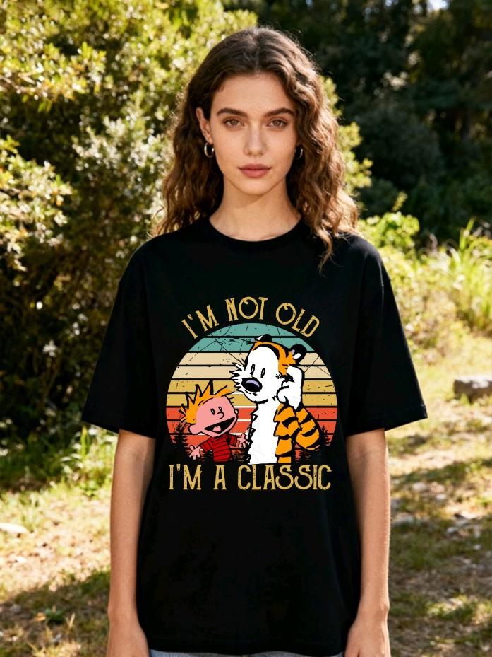 Calvin And Hobbs Tiger Hug Printed Tshirt American Retro Comic Unisexs And Unisexs Short Sleeve Shirt