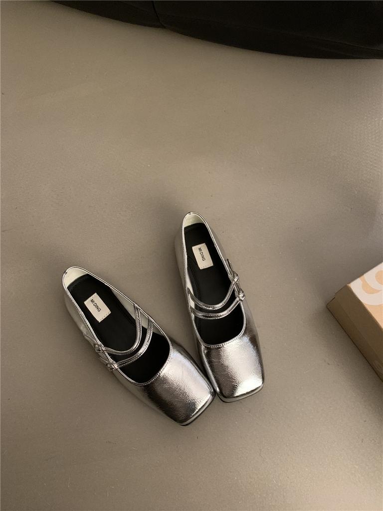 Flat Bottom Silver Square Head Mary Jane Shoes Women's Spring 2025 New Double Buckle with Light Mouth Single Shoes