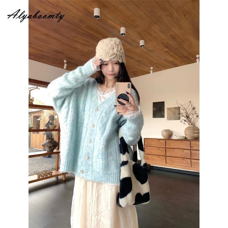 Корейская мода Осень Зима Женский вязаный свитер V-образный вырез Оверсайз Синий Вязаный кардиган Мешковатый Женский Сладкий Теплый Верхняя одежда
