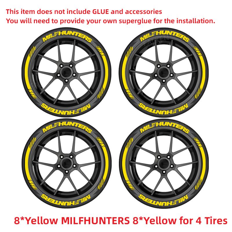 Yellow MILFHUNTERS Tire Letter Stickers Funny Tire Decals Universal Rubber Sidewall Letters Car Wheel DIY Accessories